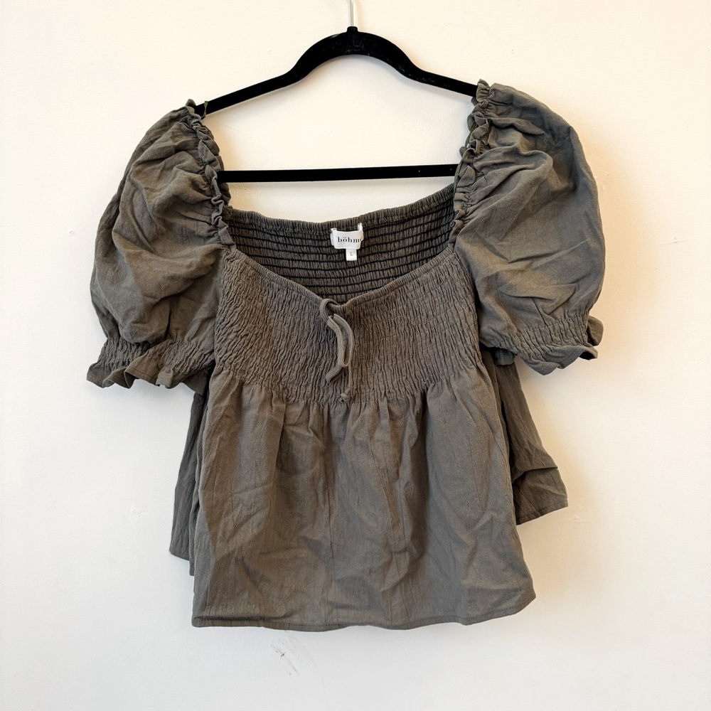 Bohme Olive Green Puff Sleeve Blouse